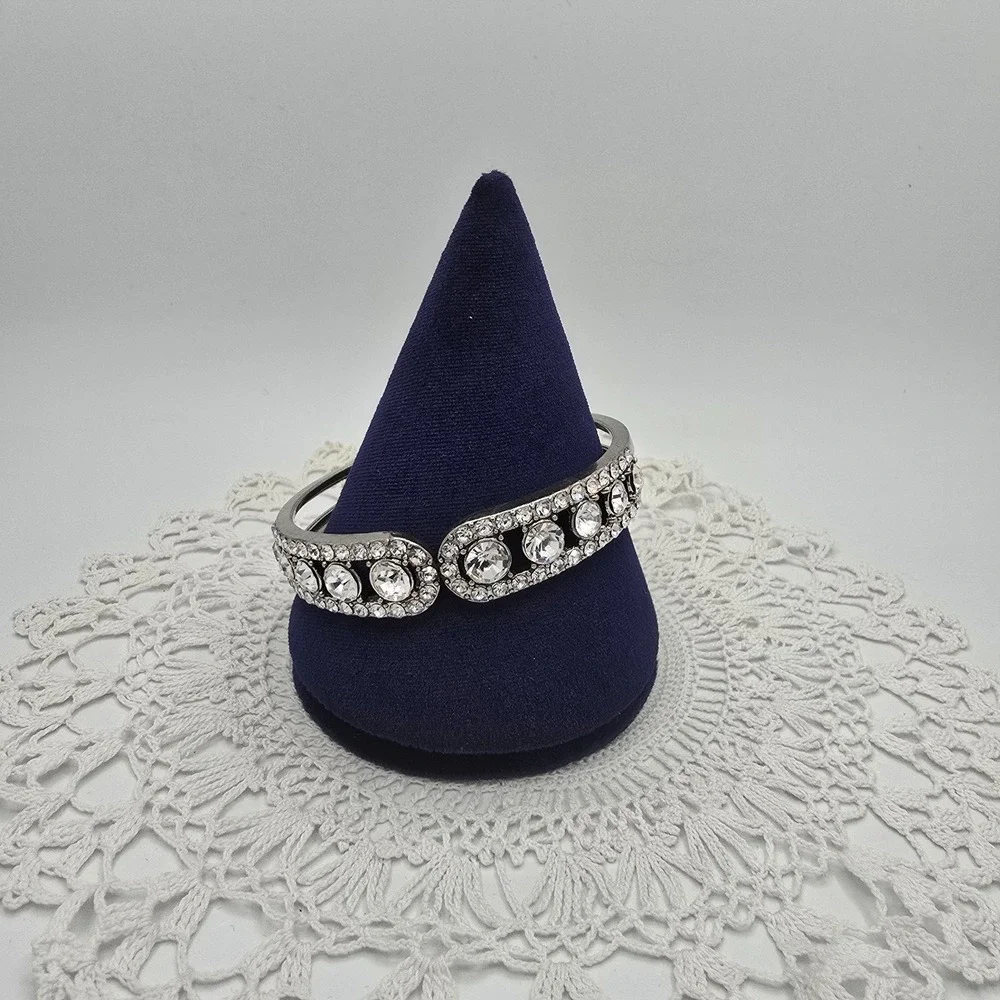 Vintage Rhinestone Clamper Hinged Cuff Statement Bracelet Silver Tone 7